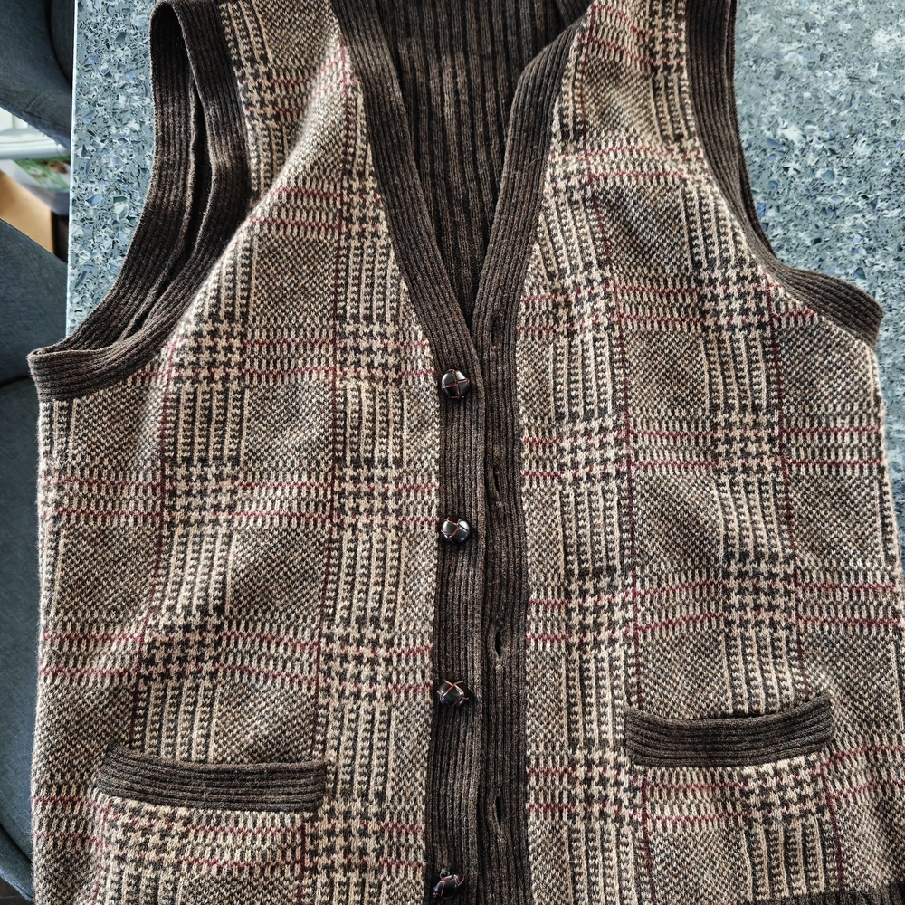 Vintage Merino Wool Plaid Button-Up Vest